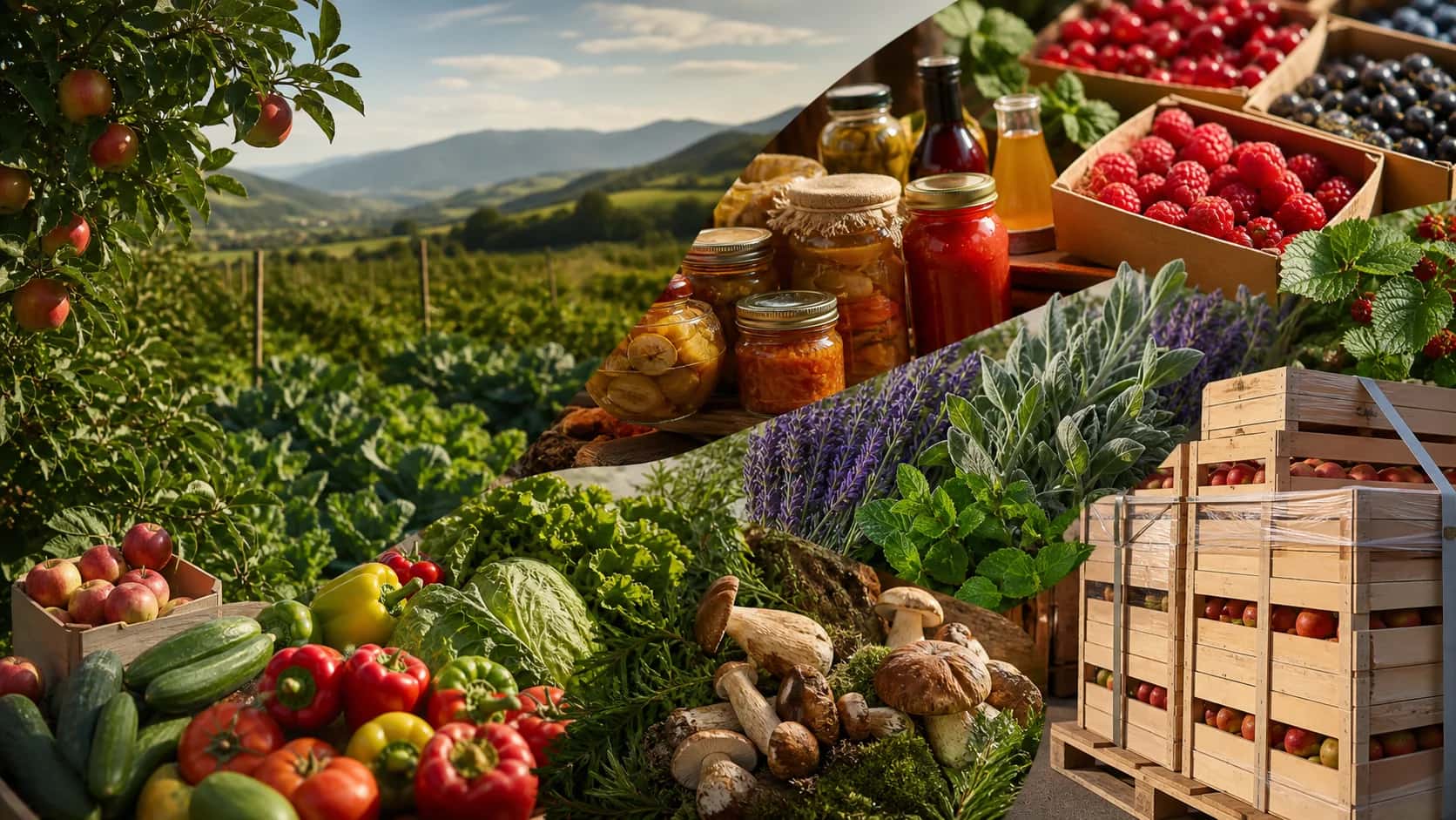 Agricultural sector collage with fruit and vegetables, processed products, berries, medicinal herbs, forest products, and export-ready supply